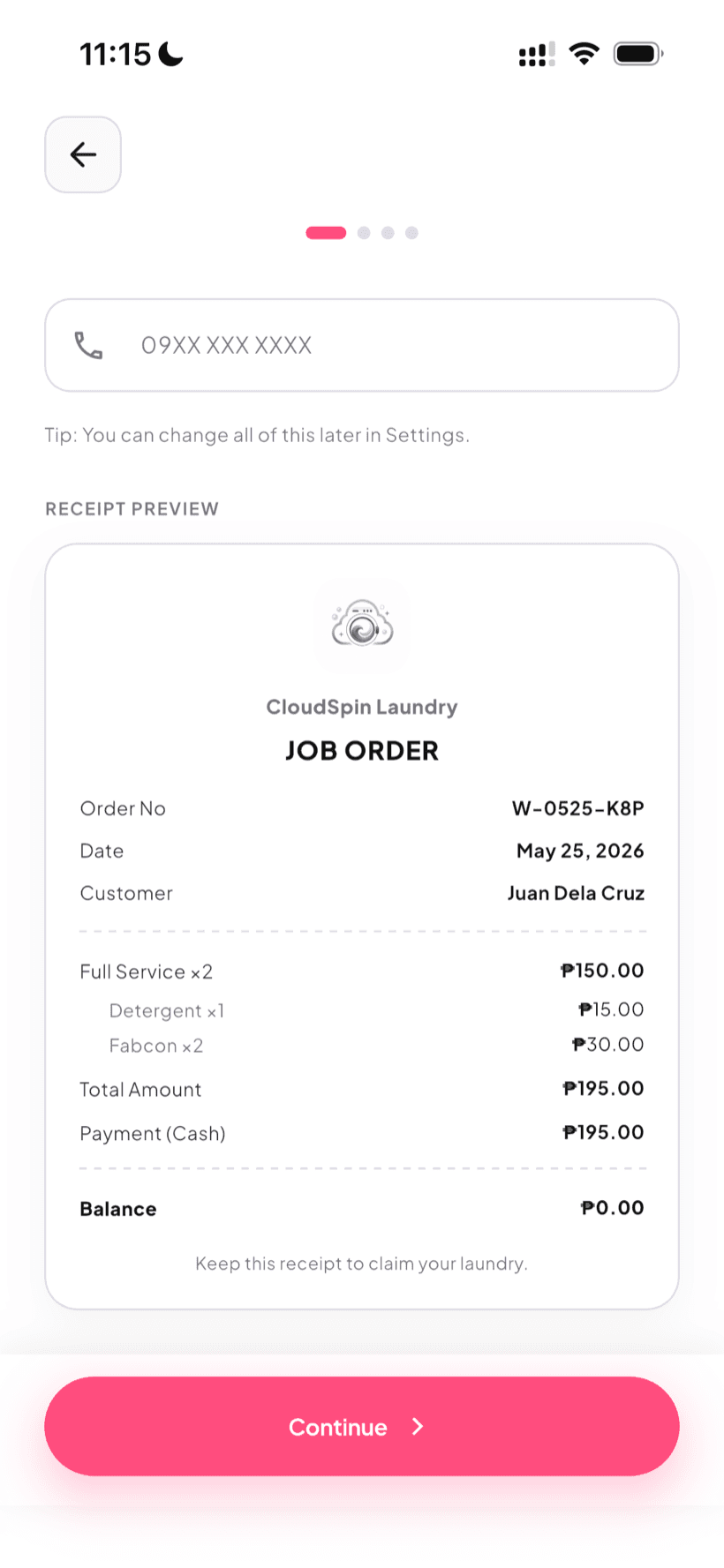 Your shop name and logo on every job order — Woosh