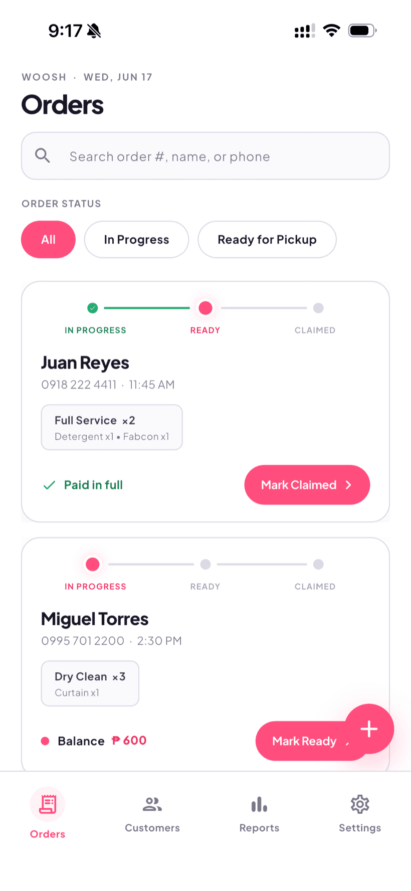 Woosh orders screen showing laundry job order status