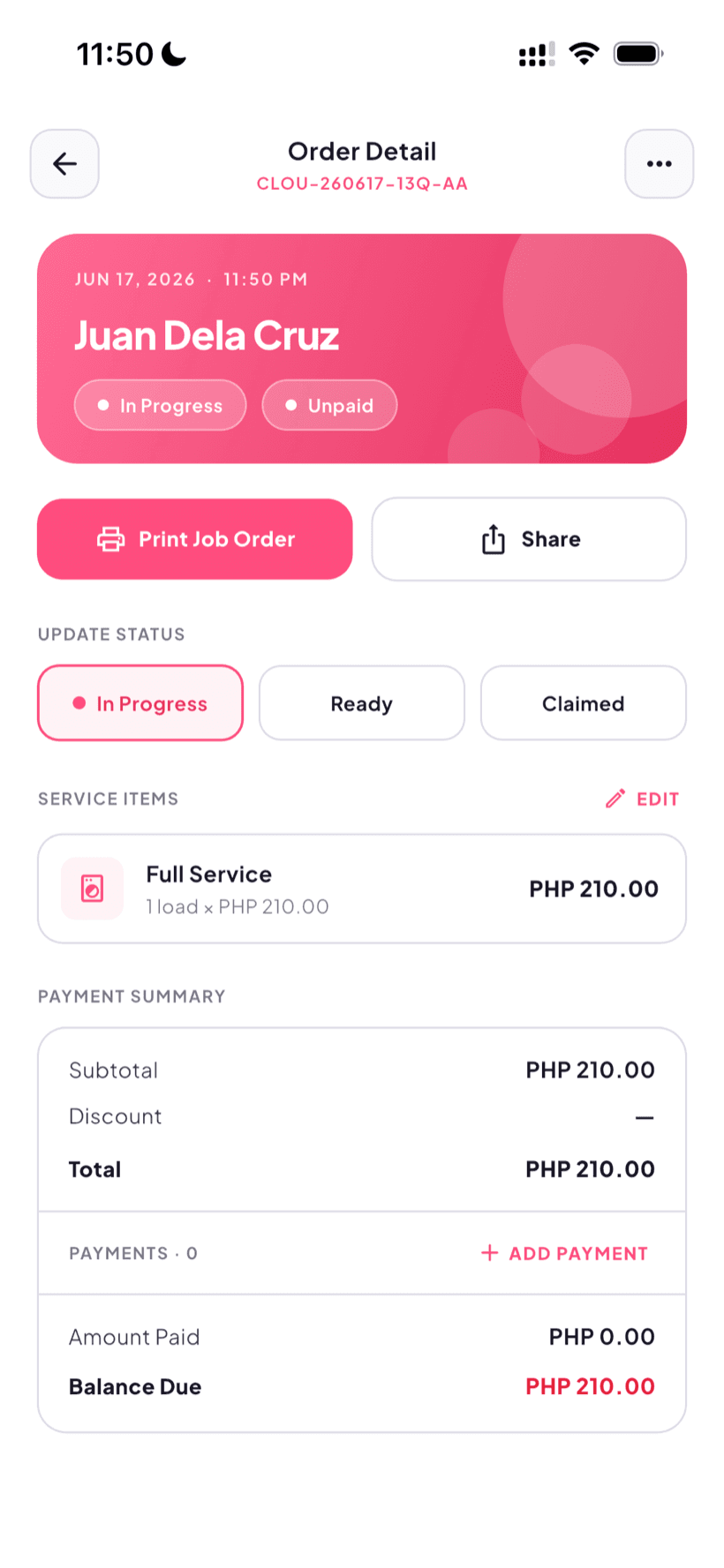 Print a Job Order in one tap — Woosh